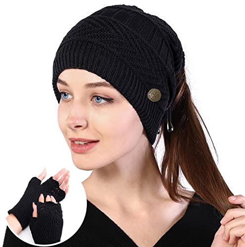 Womens Winter Beanie Hat,Cable Knit Lined Beanie Hats for Women,Slouchy Ponytail Messy Bun Beanie with Gloves,Warm Soft,Winter Fuzzy Skully Black Beanie Hat,2 Buttons to Hold Mask