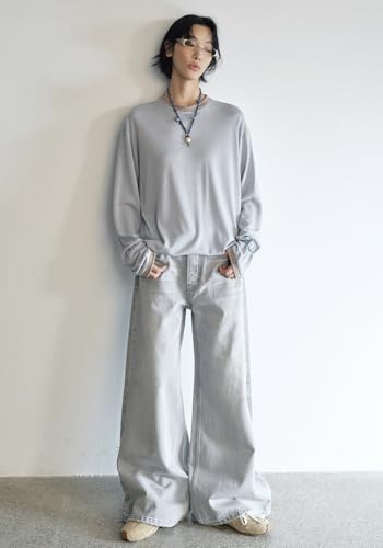 Women's Cinch Baggy, Wide Straight Leg High Rise Washed White Denim Jeans2