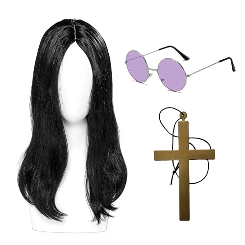 CATMEYE Adults Rock Star Fancy Dress Set 3 Pcs Prince of Darkness Long Black Wig Round Purple Sunglasses & Gold Cross 70s 80s Costume Accessories for Men & Women (3 Pcs)