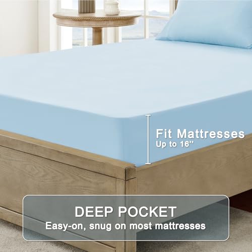 Image of FreshCulture California King Sheet Sets - Brushed Microfiber - Deep Pockets - Easy Care - Cooling & Breathable Bed Sheets - 4 Pieces Hotel Luxury Cal King Sheets (Light Blue)