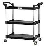 TUFFIOM 3-Tier Plastic Service Utility Cart with Wheels, Heavy Duty 390lbs Capacity, Commercial Rolling Ideal for Restaurant, Foodservice, Office, Warehouse, Black 34.8''L x 17.4''W x 38.6''H
