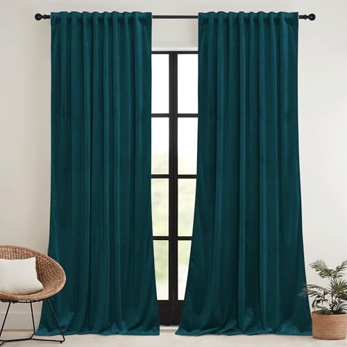 Image of RYB HOME Teal Blue Velvet Curtains 84 inches for Bedroom Living Room | Thermal Insulated, Room Darkening, Super Soft Velvet, Drapes with Pleat Tape, Dining Room Home Theater, W52 x L84, 2 Panels