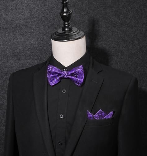 Image of HISDERN Bow Ties for Men Pre-Tied Bow Tie Floral Paisley Handkerchief Classic Formal Bowtie and Pocket Square Cufflinks Set