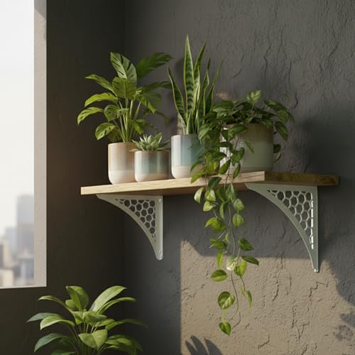 Image of Wall Shelf with Wooden Top Black|White Iron Brackets Storage Rack|Industrial Wall-Mounted Floating Shelf for Living Room,Kitchen,Bathroom (White Hexagon Large)