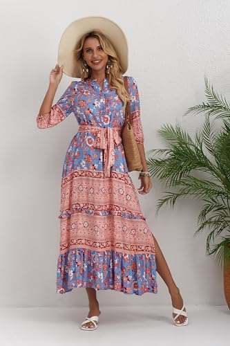 Image of Women Boho High-Waist Floral Print Maxi Dress 3 /4 Sleeve Casual | Soft Rayon, Breathable, Quick-Dry. High-Waist with Adjustable Belt, Flattering Hem. Ideal for Beach, Work & Dating.