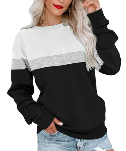 FKEEP Womens Crew Neck Sweatshirt Colorblock Pullover Tops Casual Splicing Long Sleeve Lightweight Blouse Tee(P12,Large)