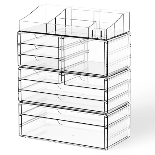 Acrylic Make up Organizers for Counter,Desk and Vanity,4 Pack Stackable Bathroom Counter Organizer with Drawers,Large Clear Makeup Organizers and Storage for Skincare,Cosmetic,Beauty Products