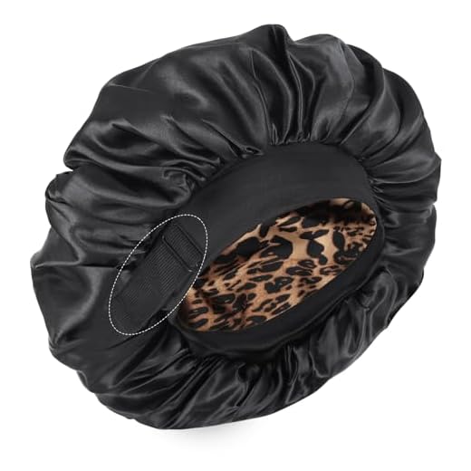Touca de seda para dormir touca de cetim de camada dupla ajustável para mulheres negras touca de dormir reversível para cabelos cacheados (preto e leopardo)