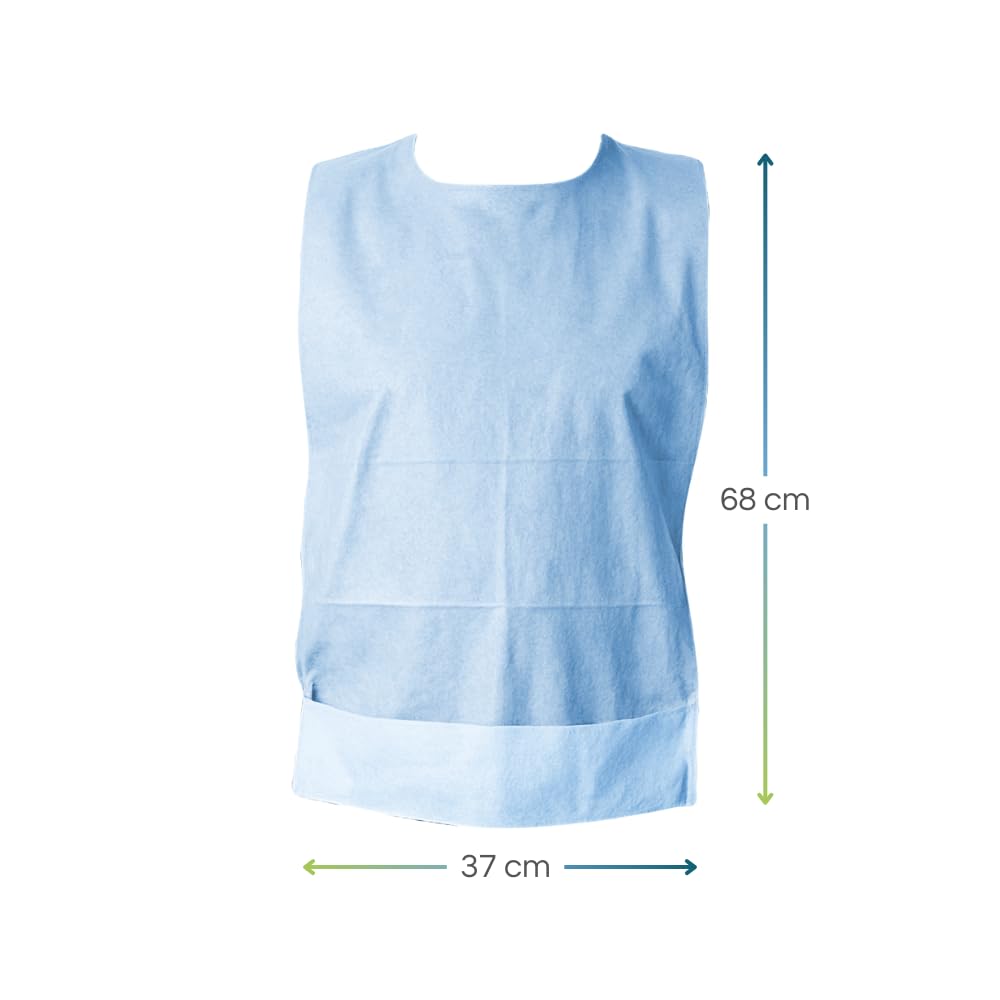 VIRSUS 100 Bavagli monouso impermeabili per Adulti e Anziani, misura 37x68 cm di colore azzurro, in polietilene e cellulosa con colletto anti-strappo rinforzato e tasca raccogli cibo