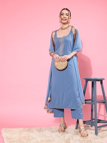 Image of Varanga Women Blue Straight Kurta With Tonal Bottom & Dupatta