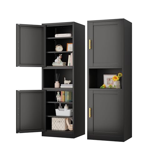 Image of pozdeg 67 inch Tall Narrow Storage Cabinet Metal Bathroom Cabinet with 4 Adjustable Shelves, Freestanding Pantry Cupboard for Kitchen, Dining Room, Living Room Bathroom and Home Office (Black)