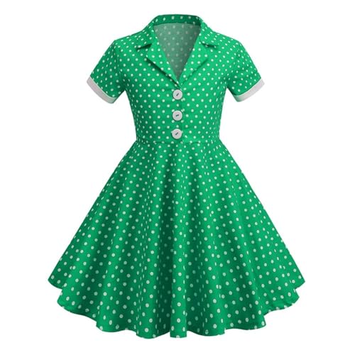Kids Girls 1950s Vintage Retro Style Swing Dress Lapel Collar A-line Polka Dot 50's Girls Midi Short Sleeve Dress