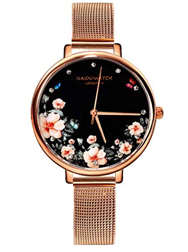 Preisvergleich Produktbild Alcentis Wunderschöne Damen-Armbanduhr Milanaise-Armband Roségold Boden des Zifferblatts mit Blumen Quarzuhr mit Analog-Anzeige