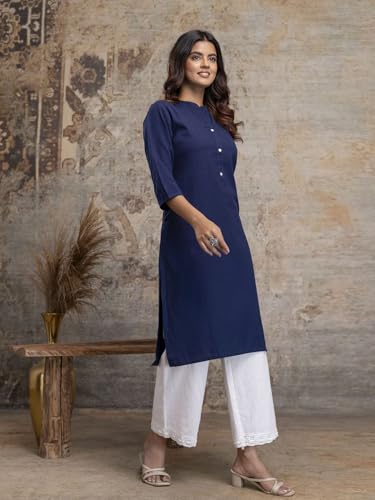 Image of feranoid Women's Plain Cotton Kurta with Mandarin Collar, 3 /4 Sleeves & Pocket