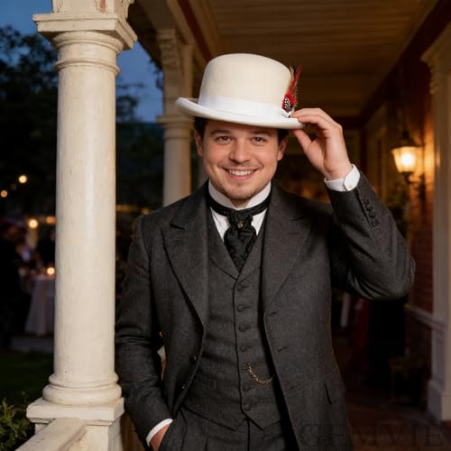 Image of GEMVIE Men's Bowler Derby Hat 100% Wool Bowler Hats for Men with Feather Black Derby Hat Satin Lined