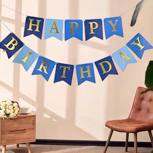 Happy Birthday Banner Blue Reusable Hanging Garland Happy Birthday Bunting Party Decoration for Boys Men Baby Shower Photo Backdrop Party Supplies Shimmering Gold Foil Letters