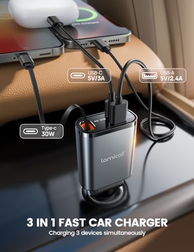 Lamicall 3 in 1 Retractable Car Charger Adapter -【2026 Ultra Compact】57W Cigarette Lighter USB Charger, Car Phone Charge with Retractable Type-C Cable/USB C/USB A, 12V/24V Socket for i-Phone, Android - Image 4