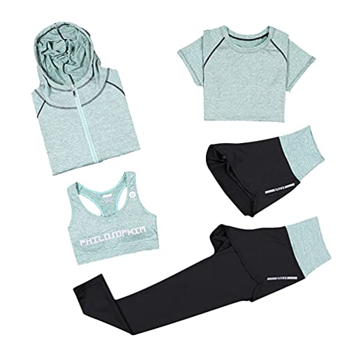 Xinwcang Damen Trainingsanzug 5 Stück Set Atmungsaktiv Gym Fitness Kleidung Set Schnell trocknend Trainingsanzug Laufbekleidung Set Grün 2XL Cover