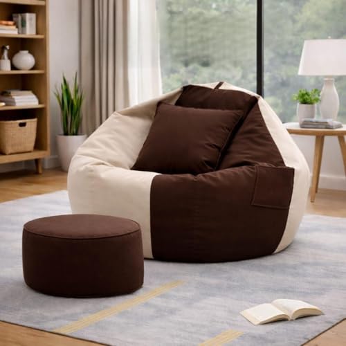 Image of Mansu-Premium Leatherette 4XL Bean Bag Cover with Footrest & Cushion (Without Beans) Cream Brown