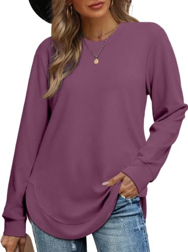 Image of OFEEFAN Womens Sweatshirt Crewneck Long Sleeve Shirts High Low Tops Curved Hem