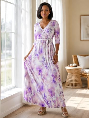 Image of PinkPatty Plus Size Maxi Dress for Women Casual V Neck 3 /4 Sleeve Boho Printed Long Dress with Pockets