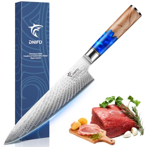 Dnifo Japanese Chef Knife, 8 Inch Damascus Kitchen Knife with 67-Layer Damascus Steel & VG10 Core, Ultra Sharp Cooking Knife with Ergonomic Blue Resin Wooden Handle, Ideal Gift for Men and Women