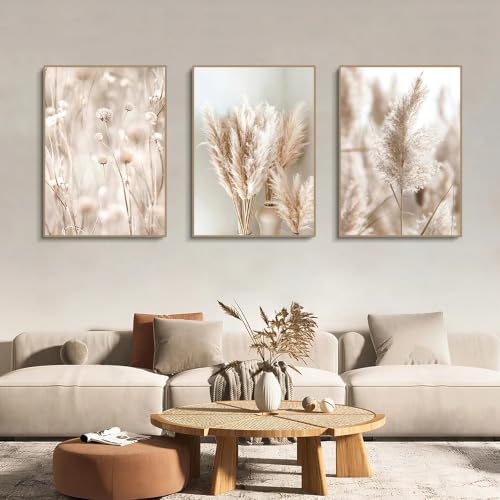 Tableau sur toile pour habiller un grand mur vide : lot 3 pièces herbes botaniques 60x80cm