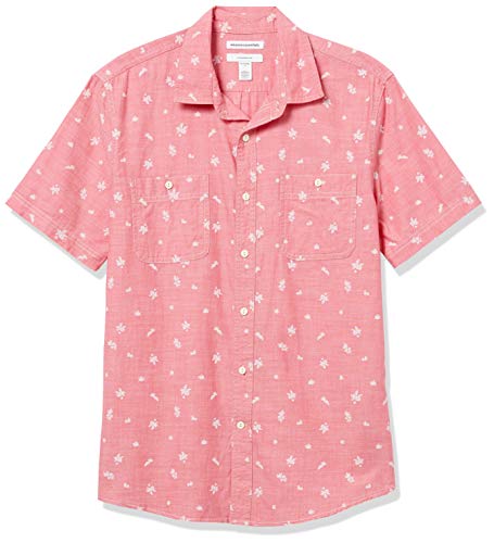 Amazon Essentials Men's Short-Sleeve Slim-Fit Casual Poplin Shirt, Chambray Leaf - Red, Medium