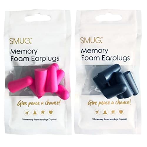 SMUG Foam Ear Plugs | 20 PC Soft Foam Earplugs | Ear Plugs for Sleep, Block Out Snoring, Travel, Loud Noise | Comfortable Noise Cancelling Ear Plugs | Custom Fit Earplugs (Black & Pink)