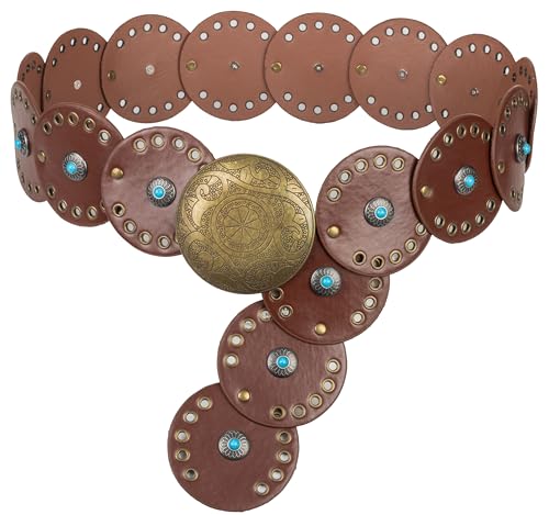 Wide Disc Belt for Women - PU Leather Hollow Out Turquoise Round Belts Vintage Western Cowboy Cowgirl Waist Belt