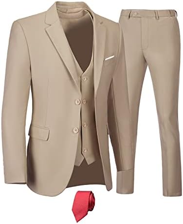 Furuyal Men&#39;s Suits 3 Piece Slim Fit Suit Set,Two Button Wedding Business Tuxedo Solid Blazer Jacket Vest Pants with Tie