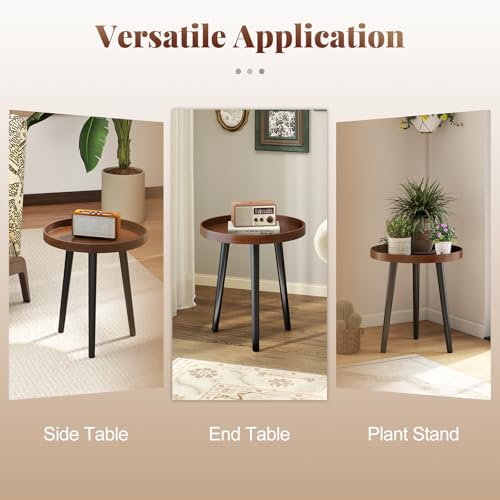 Giantex Round End Table, Mid Century Modern Side Table with Wooden Tray & Bamboo Legs, Sofa Couch Accent Table, Small Coffee Table for Small Space Living Room, Nightstand for Bedroom, Walnut - Image 7