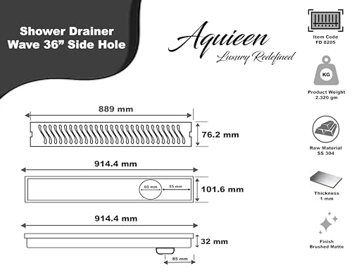 Image of Aquieen Shower Water Drainer Floor Bathroom Grating with SS 304 Anti-Foul Cockroach Trap (Grade AISI 304) (30 inch) (Wave Shower Drainer (Side Hole, 36 inch x 4 inch)