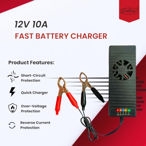 Image of 12V 10A Fast Battery Charger with 5-Level LED Indicator for Car & Bike, Smart Automotive Battery Charger with Cooling Fan, Heavy Duty Clamps for Lead Acid, Lithium, Inverter & UPS Batteries