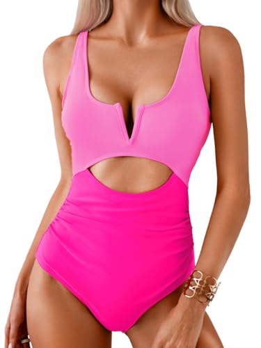 Womens V-Wire Color Block Swimsuit, Sexy Cut Out Ruched Monokini, One Piece Bathing Suits, Tummy Control 2025
