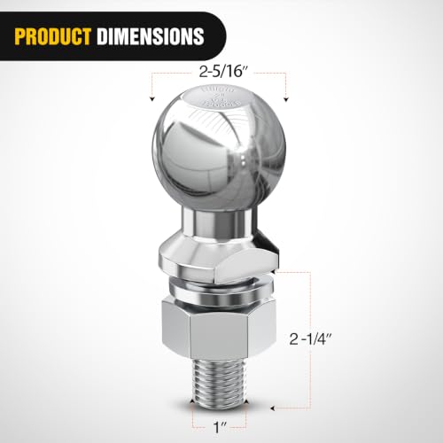 Image of Nilight 2-5 /16 inch Chrome Trailer Hitch Ball | 12000 lbs, 1 inch x 2-1 /4 inch Shank Universal fit Trailer Hitch Ball Custom Engineered for Heavy Duty Towing