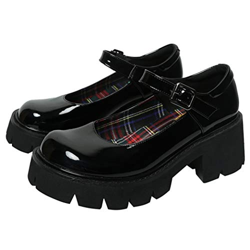 Shouda Plataforma Gruesa de Mujer Zapatos Mary Jane Correa de Hebilla Retro Pisos de Punta Redonda Zapatos de Boca Baja Japonesa Dulce Princesa Lolita Dulce