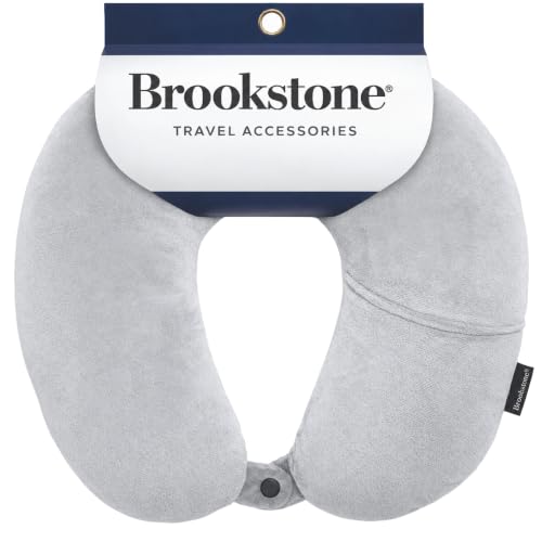 Image of Brookstone Microbead Neck Pillow - Super Soft Cozy Lightweight Plush Travel Pillow with Phone or Headphone Pocket, Grey
