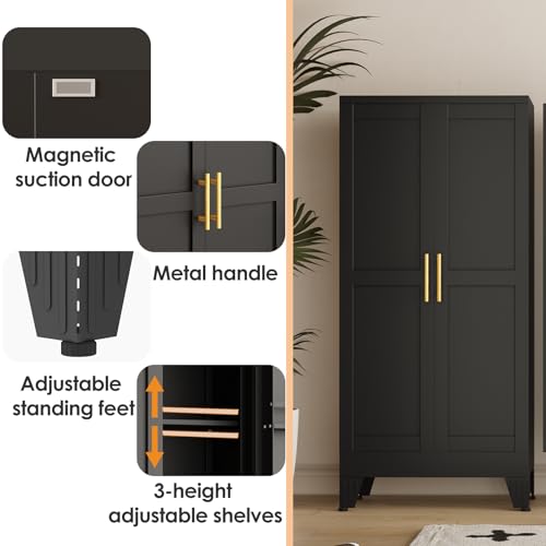 Image of PAOFIN 47 inch Kitchen Pantry Cabinet, Metal Storage Cabinet with 3 Adjustable Layer Shelves, 8 Door Shelves, Buffet Sideboard for Living Room, Kitchen, Black