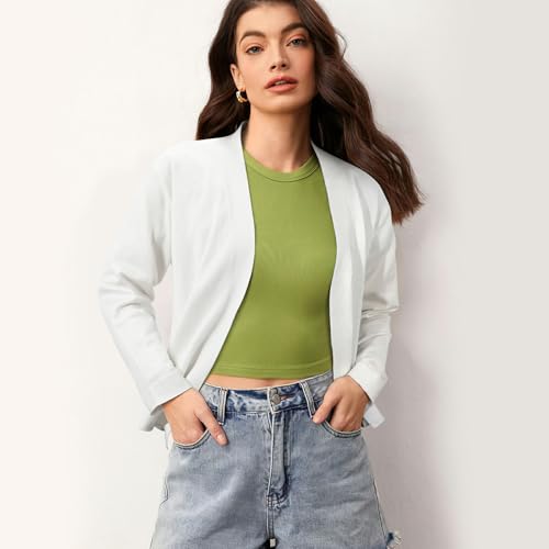 Women's Long Sleeve Cardigan White Open Front Bolero Shrugs Sweater for Women Casual Jeans Dress