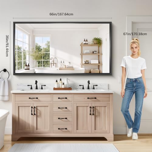 Image of Black Rectangle Mirror, 66 x 36 Inch Large Bathroom Mirrors | 0.6 inch Thickened Deep Frame Rectangular Wall Mirror, Brushed, Tempered Glass, Antirust, Horizontally /Vertically