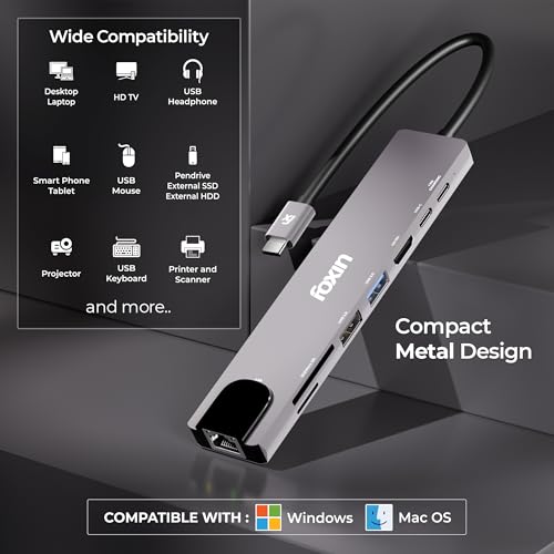 Image of Foxin 8-in-1 Type C Hub, 100W PD Charging, Aluminium Multiport Adapter, 4K HDMI, 100 Mbps RJ45 LAN Ethernet Port, USB 2.0 & 3.0, 2X Type C, TF /mSD /SD Card Reader, LED Indicator - C Hub 8