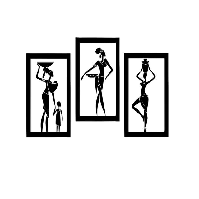 VellyinX African Tribal Women Silhouette Wall Art, Set of 3, Black Traditional Figures, Modern Boho Style, Wooden Frame, Home and Office Decor