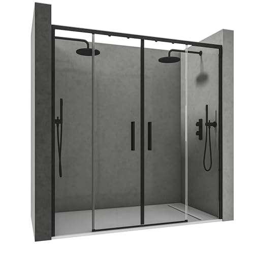 NEBADOON | Mamparas de Ducha - 2 Fijos + 2 Puertas Correderas - Mamparas de Ducha Corredera con Cristal Templado 6 mm Antical - Perfilería Negro Mate - 156 a 158cm Ancho Adaptable 4cm x 195cm (Alto)