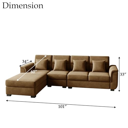 Image of Wood 6 Seater Sofa Set | Velvet Fabric Upholstery | Modern Wooden Frame Sectional Couch with Cushions for Living Room, Home & Office (Golden)