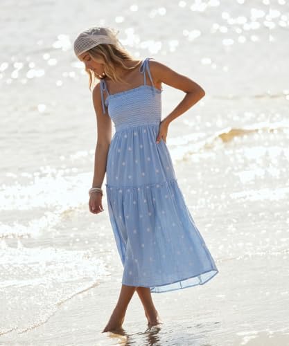 Image of Women Floral Embroidered Maxi Dress Boho Sleeveless Tie Strap Shoulder Dresses Smocked Summer Sundress with Pockets