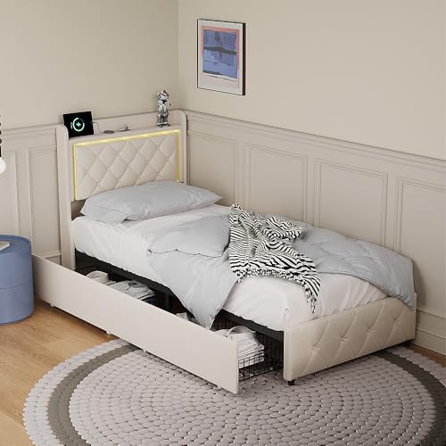 Cama tapizada de 90 x 200 cm, estructura de cama, espacio de almacenamiento con 2 cajones y somier de láminas de metal, cama juvenil con cabecero de almacenamiento, cama funcional, dormitorio, cuna