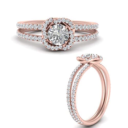 Image of 55Carat Choose Your Gemstone Pave Split Shank Halo Diamond CZ Ring Rose Gold Plated Round Shape Halo Engagement Rings Everyday Jewelry Wedding Jewelry Handmade Gifts for Wife US Size 4 to 12