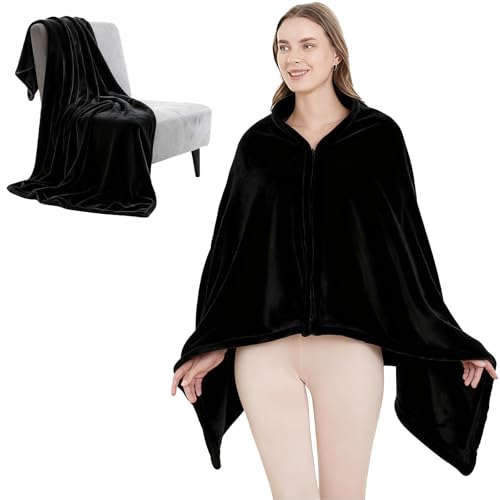 SNZ Flanell Decke Poncho Damen und Herren - Extra Weicher Winter cape als Sofadecke, Reisedecke & Geschenk (150x80 cm) - Warme Wohndecke für Zuhause, airplane, Büro & Camping, Langlebig (Schwarz)