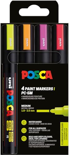 POSCA - Mitsubishi Pencil - Pochette 4 Marqueurs PC5M - Pointe Moyenne - Peinture à Base d'Eau - Tout Support - Couleurs Fluo